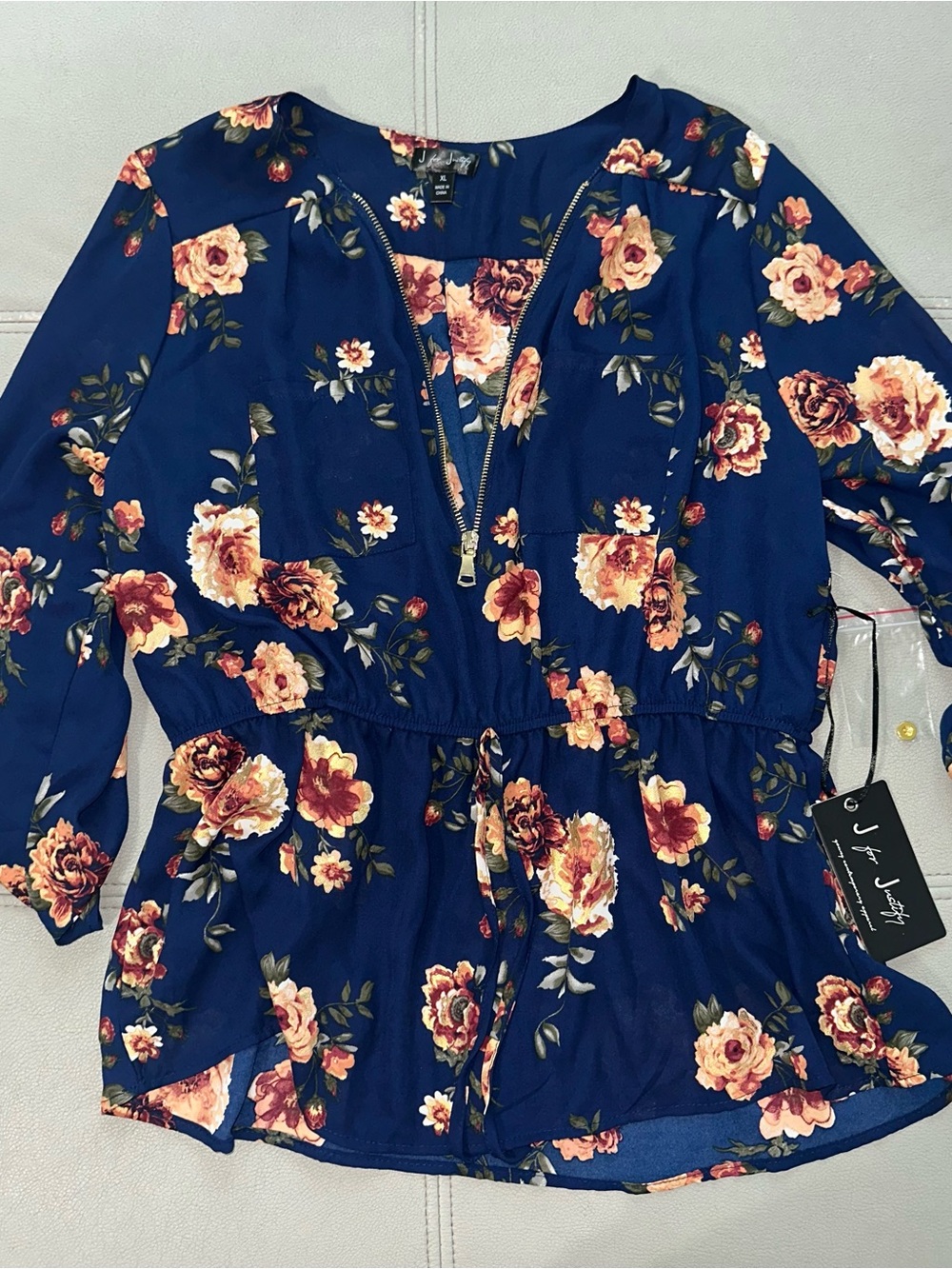 J for Justify Navy Floral Zip-Front Blouse